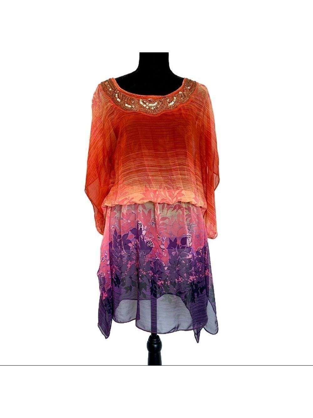 𝅺NICHII Beach cover-up sequin Sunset colours short sleeve chiffon kimono blouse